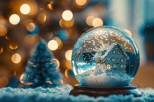 A snow globe with a small house and a blurry background of a Christmas tree photo
