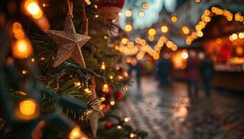 Close-up of a Glittering Star Ornament on a Christmas Tree with String Lights and a Blurred Festive Background photo