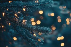 Close-up of a Pine Branch with Warm Lights and a Blue Background photo