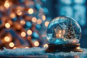 A Glass Snow Globe with a Miniature House and Trees Inside, Set on a Snowy Surface with a Blurred Background of Christmas Lights photo