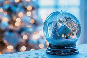 Snow Globe with Miniature House and Pine Tree Against Bokeh Lights photo