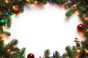 Festive Christmas Tree Branch Frame with Ornaments and Lights photo
