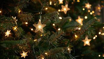 A Close-up View of a Christmas Tree Decorated with String Lights and Star-Shaped Ornaments photo