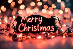 Red Neon Merry Christmas Sign With String Lights and Bokeh photo