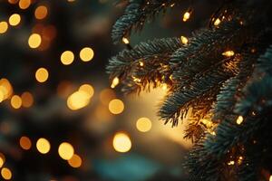 Close-up of a Pine Branch with Warm Yellow String Lights photo