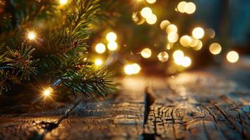 Close-up of Pine Branch with Twinkling Lights on Rustic Wooden Surface photo