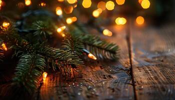 Pine Branch with Fairy Lights Resting on Rustic Wood photo