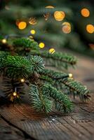 Evergreen Branch with String Lights on Weathered Wood photo