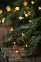 Evergreen Branches with String Lights on Wooden Surface photo