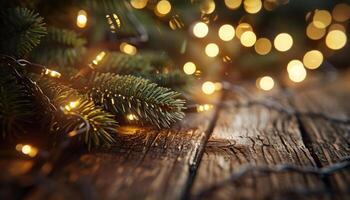 Pine Branches and String Lights on Rustic Wooden Surface photo