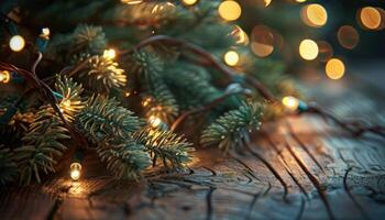 Evergreen Branches with String Lights on a Wooden Surface photo