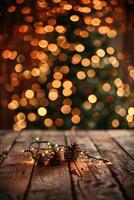 Pine Cones and Fairy Lights on a Rustic Wooden Table with a Christmas Tree Background photo