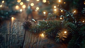 Closeup of Evergreen Sprigs with String Lights on Rustic Wooden Surface photo