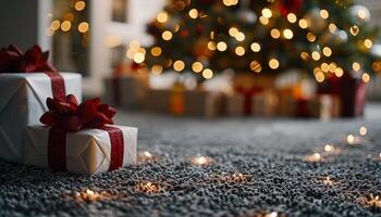Christmas Gift Box with Red Bow and String Lights on a Carpeted Floor photo