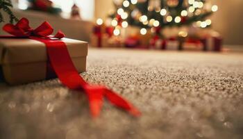 A Red Ribbon Wrapped Gift Box on a Carpet with a Blurred Christmas Tree in the Background photo
