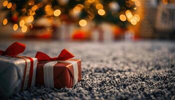 Gift Boxes with Red Bows on a Shaggy Carpet with Blurry Christmas Lights in the Background photo