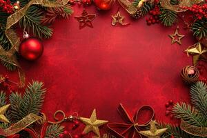 Red and Gold Christmas Decorations Surrounding a Red Background photo