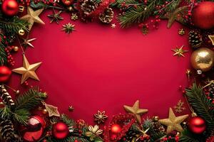 Festive Christmas Border with Red and Gold Ornaments on Red Background photo