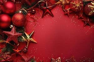 Festive Red and Gold Christmas Decorations on Red Background photo