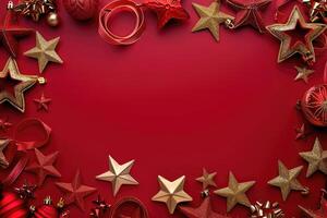Red and Gold Christmas Ornament Border on a Red Background photo