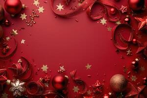 Red and Gold Christmas Decorations on a Red Background photo