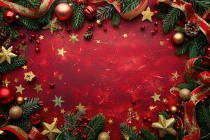 Red and Gold Christmas Ornament Frame on a Red Background photo