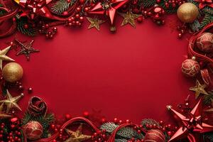 Red and Gold Christmas Decorations Frame on Red Background photo