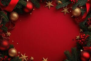 Red and Gold Christmas Ornaments with Pine Branches on Red Background photo