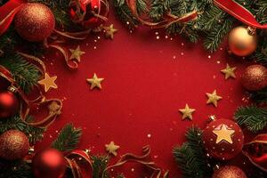 Red and Gold Christmas Decorations on a Red Glittery Background photo