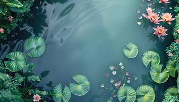Water Lily Flowers and Leaves on a Calm Pond photo