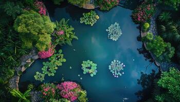 Aerial View of a Pond Surrounded by Lush Greenery photo