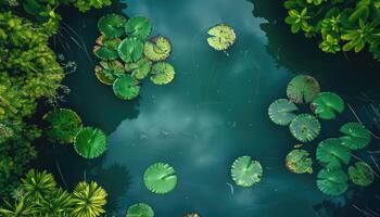 Green Lily Pads Floating on a Calm Teal Pond photo
