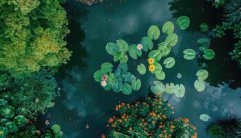 Aerial View of a Pond with Water Lilies and Flowers photo