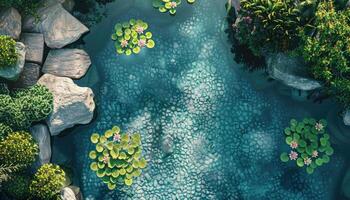 An Overhead View of a Serene Pond with Water Lilies and Rocks photo
