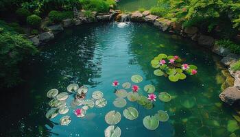 Tranquil Pond with Pink Water Lilies and Lush Greenery photo