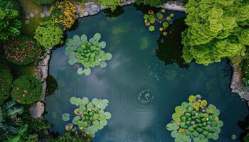 Aerial View of a Pond with Water Lilies and Surrounding Greenery photo