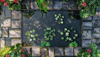 Aerial View of a Stone-Framed Pond with Water Lilies and Lush Greenery photo