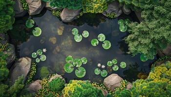 Aerial View of a Tranquil Pond Surrounded by Lush Greenery and Rocks photo