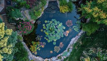 Aerial View of a Pond with Lily Pads and Surrounding Garden photo