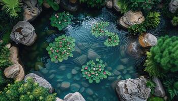 Aerial View of a Pond with Water Lilies and Rocks photo