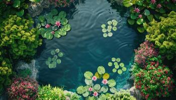 Aerial View of a Tranquil Pond Surrounded by Lush Greenery and Pink Flowers photo