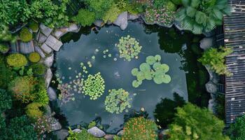 Aerial View of a Pond with Lily Pads and Surrounding Greenery photo