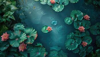 Lush Green Lily Pads and Pink Water Lilies in a Calm Pond photo