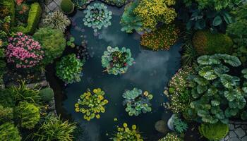 Aerial View of a Pond Surrounded by Lush Greenery and Flowers photo