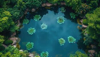 Aerial View of a Pond Surrounded by Lush Green Trees and Rocks photo
