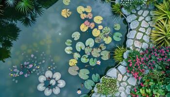 Aerial View of a Pond with Lily Pads, Flowers, and a Stone Path photo