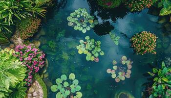 Aerial View of a Pond with Water Lilies and Surrounding Greenery photo