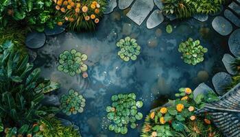 Aerial View of a Pond with Lily Pads and Surrounding Greenery photo