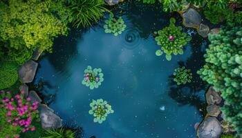 Aerial View of a Small Pond with Water Lilies photo