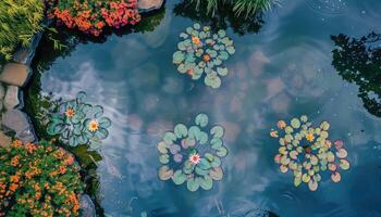 Overhead View of Water Lilies and Lily Pads in a Pond photo